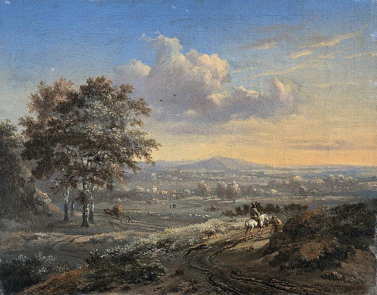 Jan Wijnants Hilly landscape with a rider on a country road.